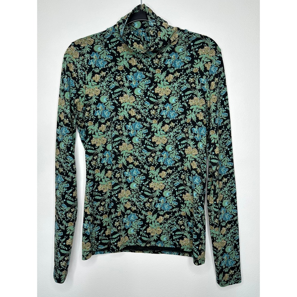 Peruvian Connection Turtleneck Top Size M Black Floral Stretch Cotton Boho